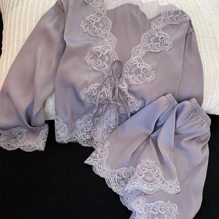 

Purple Lace Pajamas Set Home Clothes Silk Imitation Sleepwear Women Loose Trousers Suit Loungewear Sexy Lace Nightgown