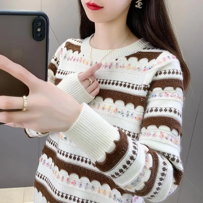 

Винтажный утолщенный термосвитер в полоску с цветными блоками, женский осенне-зимний Новое поступление, свободная стильная внутренняя одежда, вязаный базовый топ