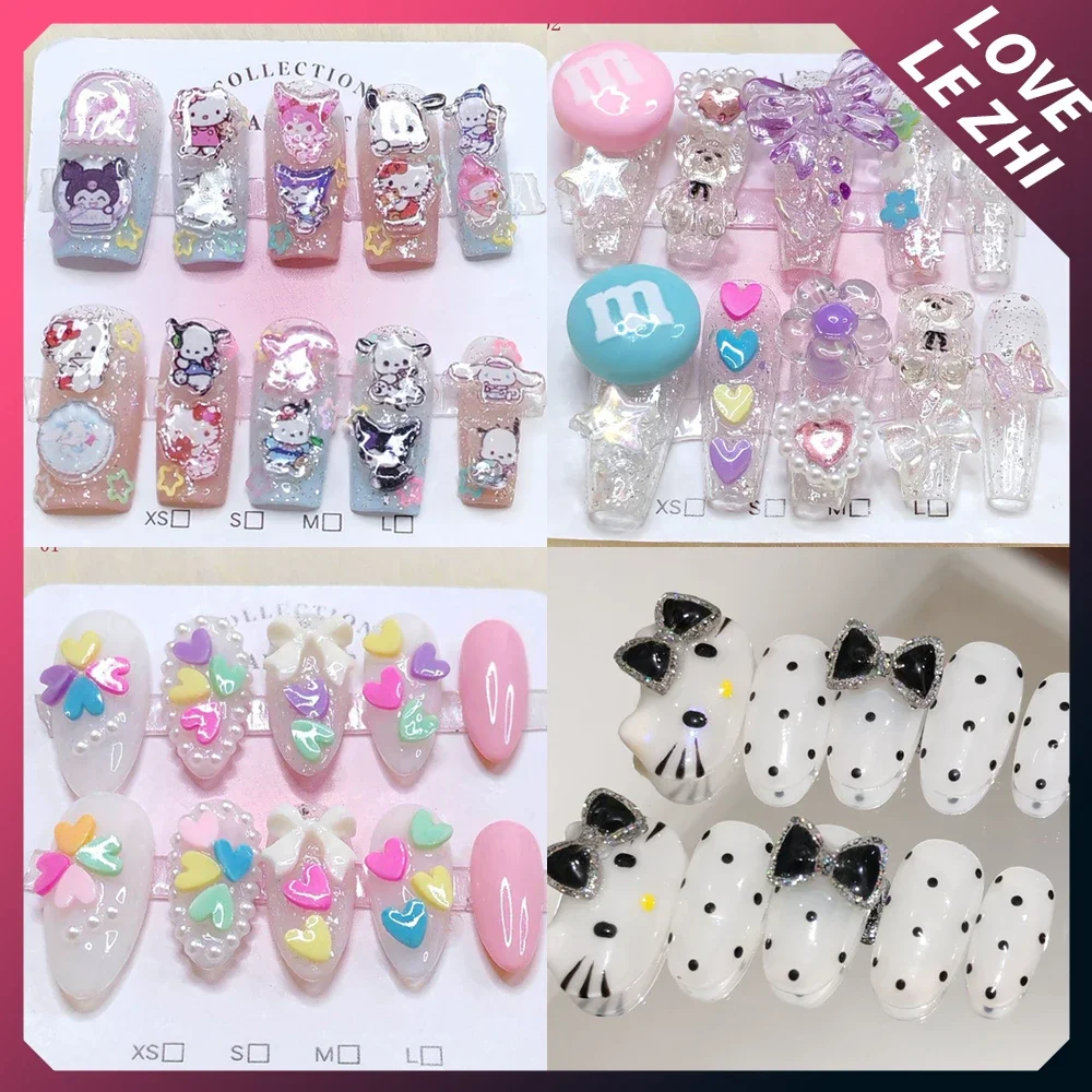 

10Pcs Sweet Lovely Handmade Long Coffin Wearable Fake Nail Kawaii Girlish Heart Cartoon Pink Pearl Bow Diamond False Nail Gift