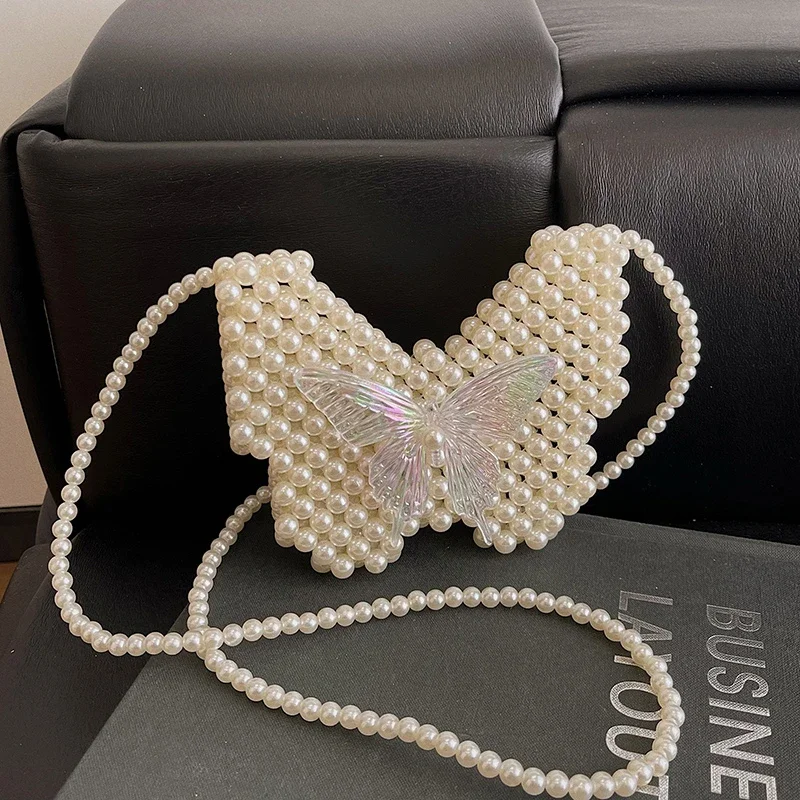 

Mini Bag Cute Butterfly Handbag Pearl Bag Trend Fashion Lipstick Pouch Handmade Beading Crossbody Bag Lady Bow Handbag Purse