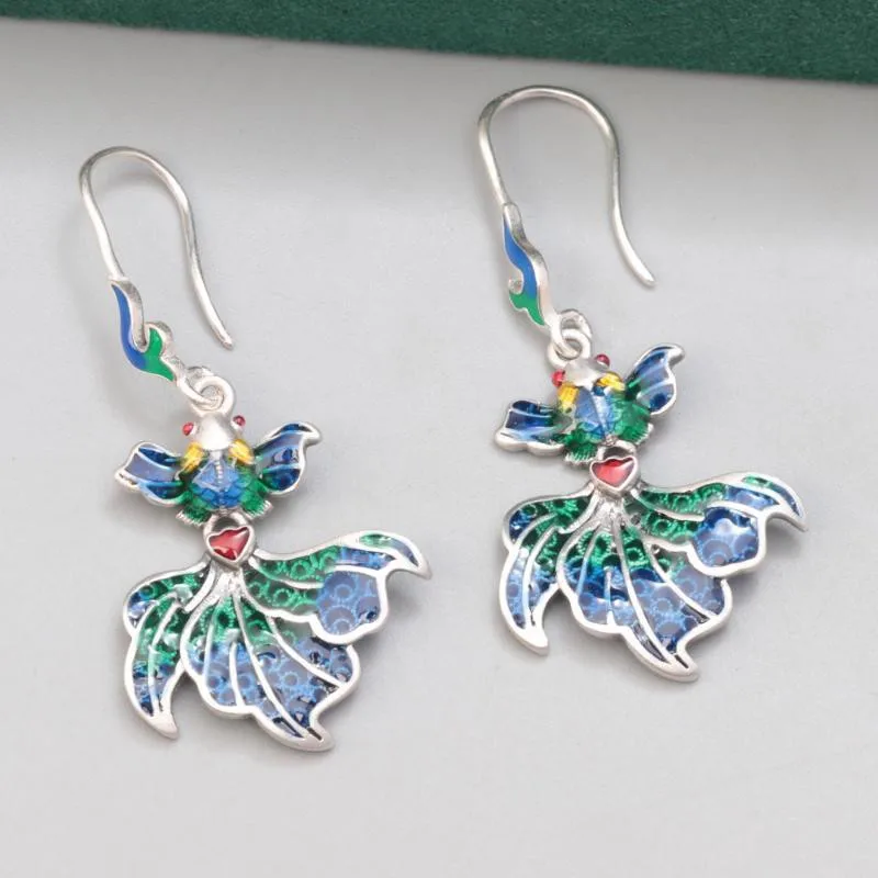 Langyan 925 Sterling Silver Enamel Goldfish Hanging Earrings Vintage Ethnic Colorful Long Earrings Women Jewelry Wholesale EH247