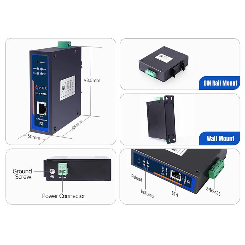USR-N720-ETH بوابة حافة IoT تدعم Modbus إلى MQTT+Json DL645 إلى MQTT+Json تحويل قدرات الحوسبة ذات الحافة القوية