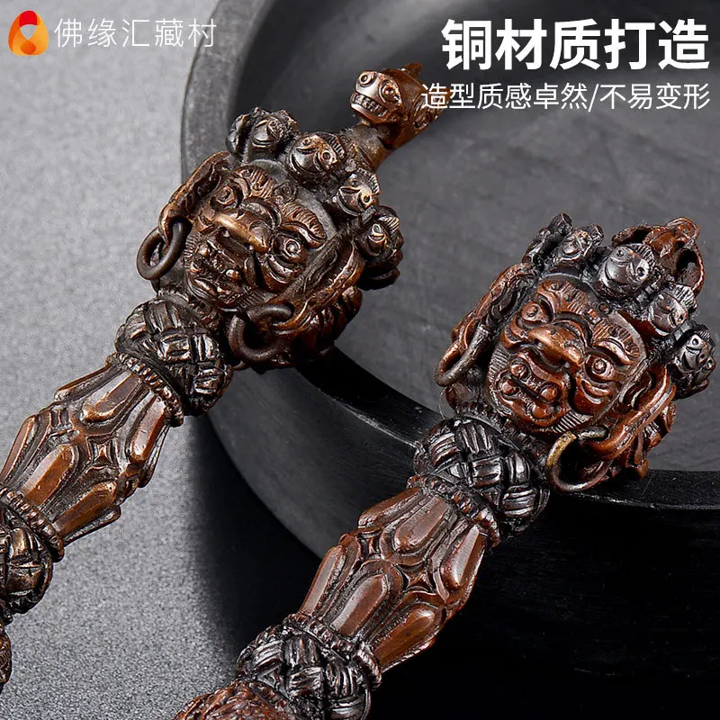 Vajra mace, a three-sided Vajra with five prongs, Nepalese handcrafted, antique copper, horse-head Vajra