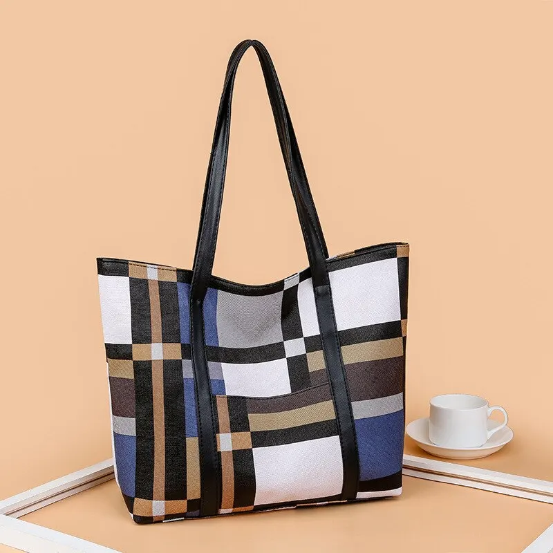 Women Fashion Large Capacity Handbag Casual Retro Strip Shoulder Bag Shopping Totes Bags Solid Color Crossbody Bag