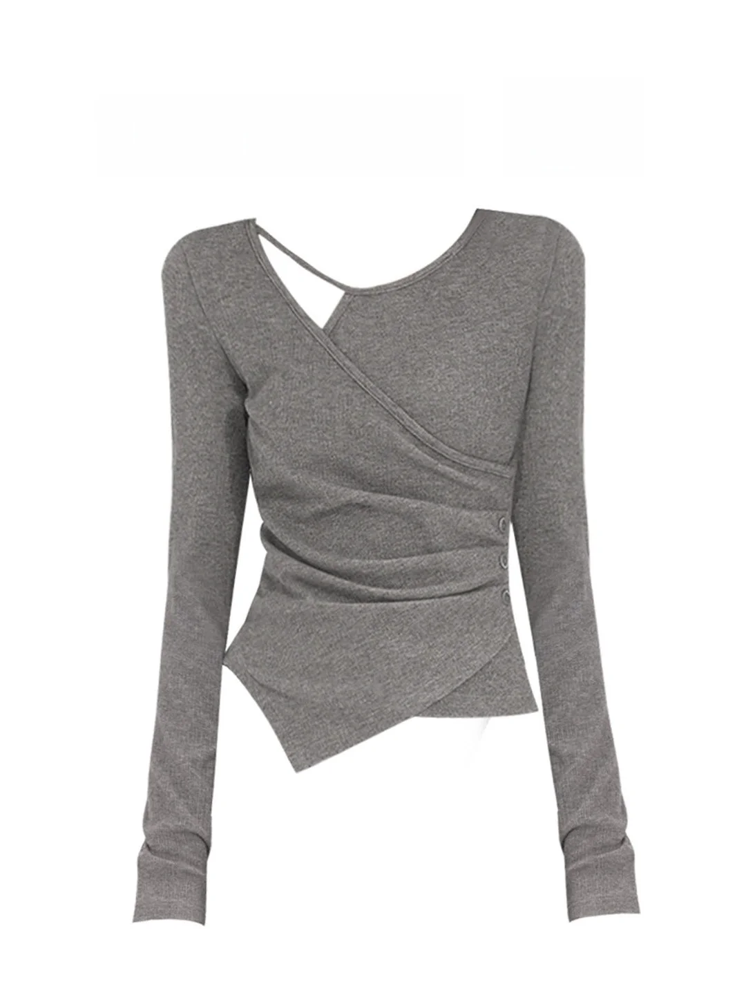 

Корейская футболка Sle Long Sve, женская облегающая футболка, осенняя новинка, асимметричная плиссированная футболка с эффектом похудения