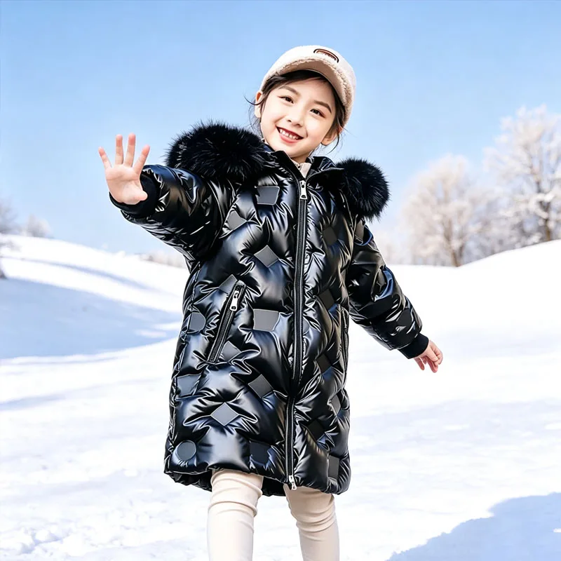 Glänzende Daunenjacken für Mädchen, dicke Kinderjacken mit Kapuze und Pelzkragen, warme lange Wintermäntel für Kinder, modische Parkas für Teenager