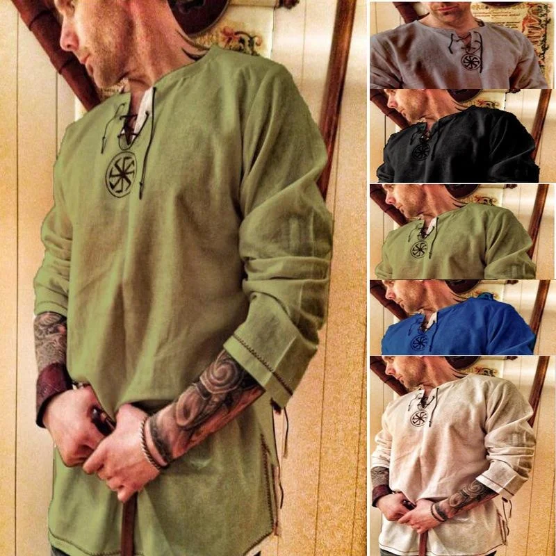 Vintage Men\'s Casual Blouse Cotton Linen Shirt Loose Long Sleeve Viking Shirt Breathable Costume