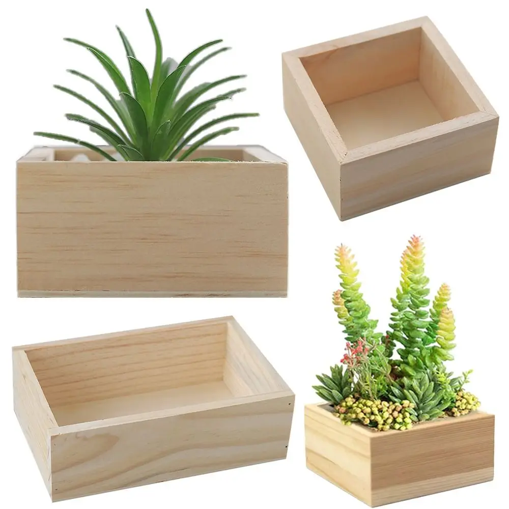 Square Rectangle Succulent Flowerpot Wood Bonsai Holder Wooden Storage Box Plant Pot Stand Yellow Desktop Sundries Organizer