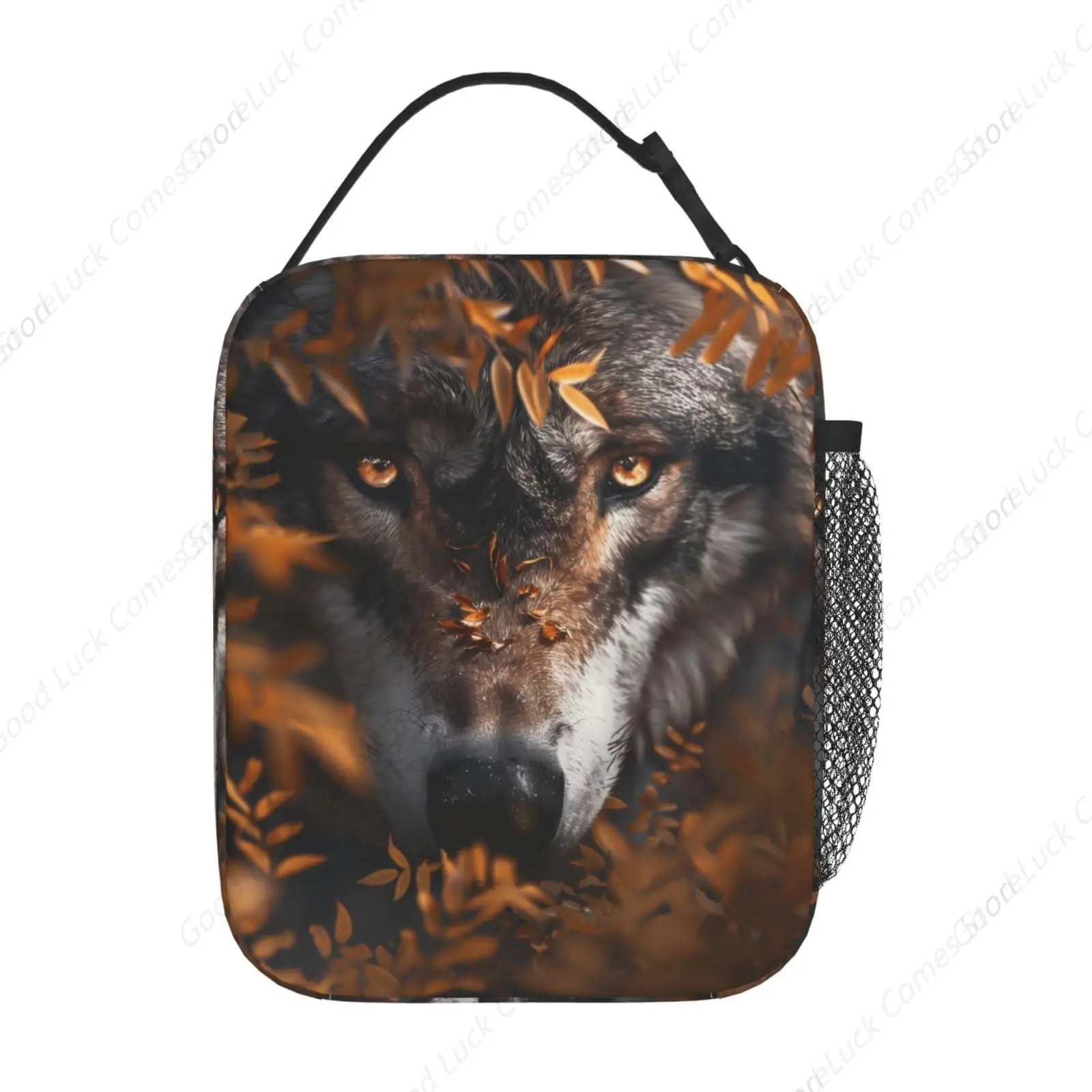 Wild Wolf Print Insulated Lunch Box Gifts for Kids Adults Realistic Animal and Autumn Leaf Design Reusable Portable Lunchbox