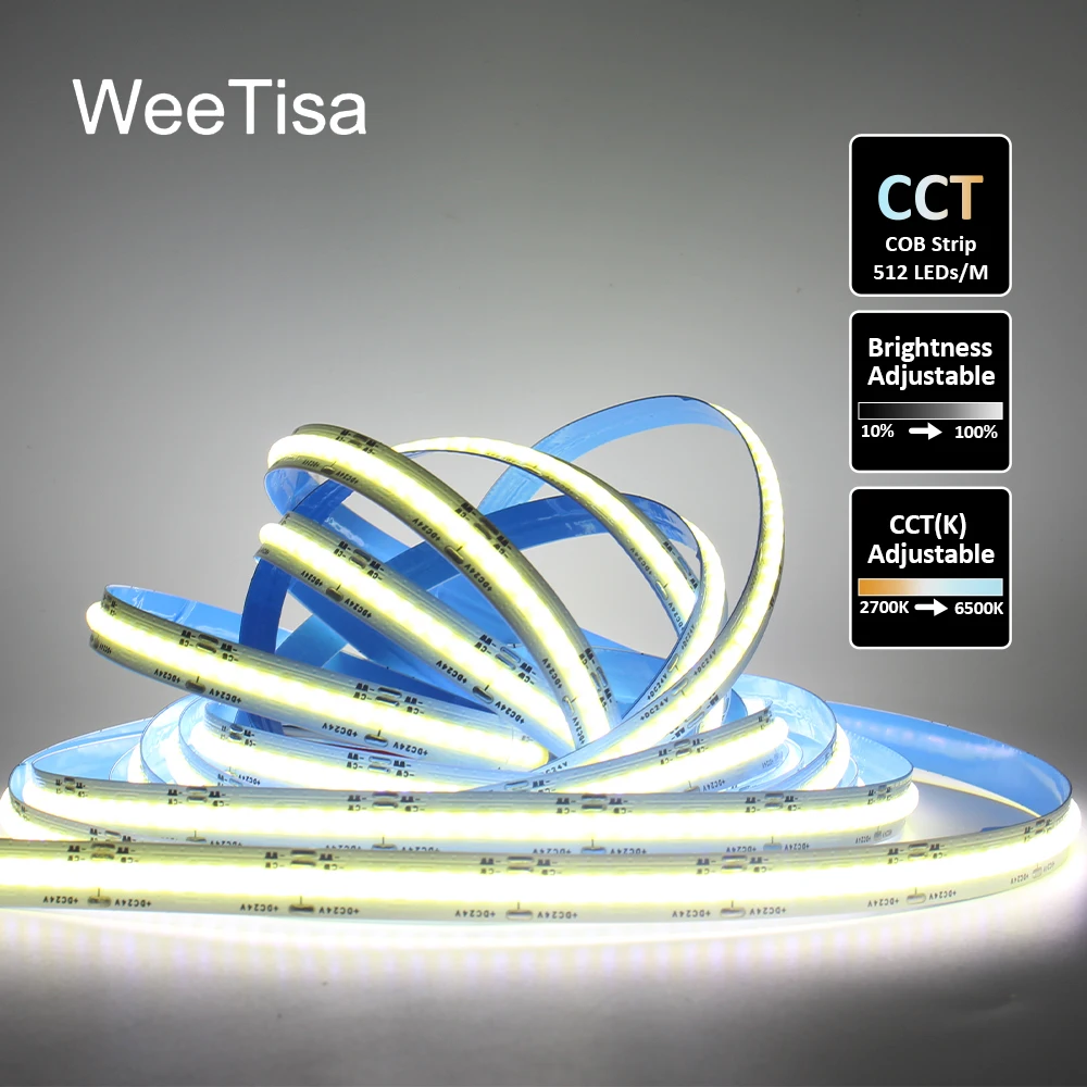 Tira de luces LED CCT COB 24V CC 512 LED de alta densidad doble blanco FOB Flexible 1M 2M 3M 5M cinta lámpara lineal para habitación