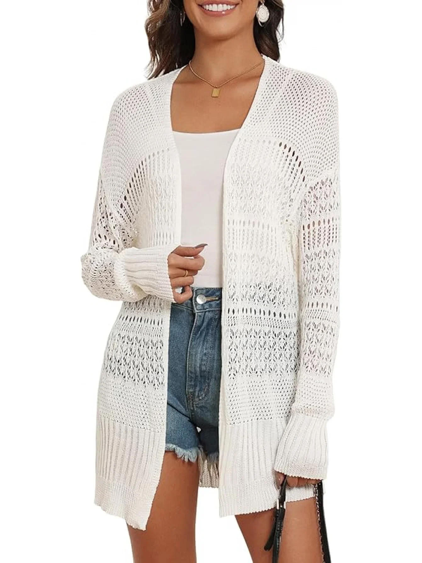 سترة خريفية نسائية، سترة كروشيه خفيفة الوزن، كيمونو بأكمام طويلة، غطاء شال مفتوح من الأمام #3