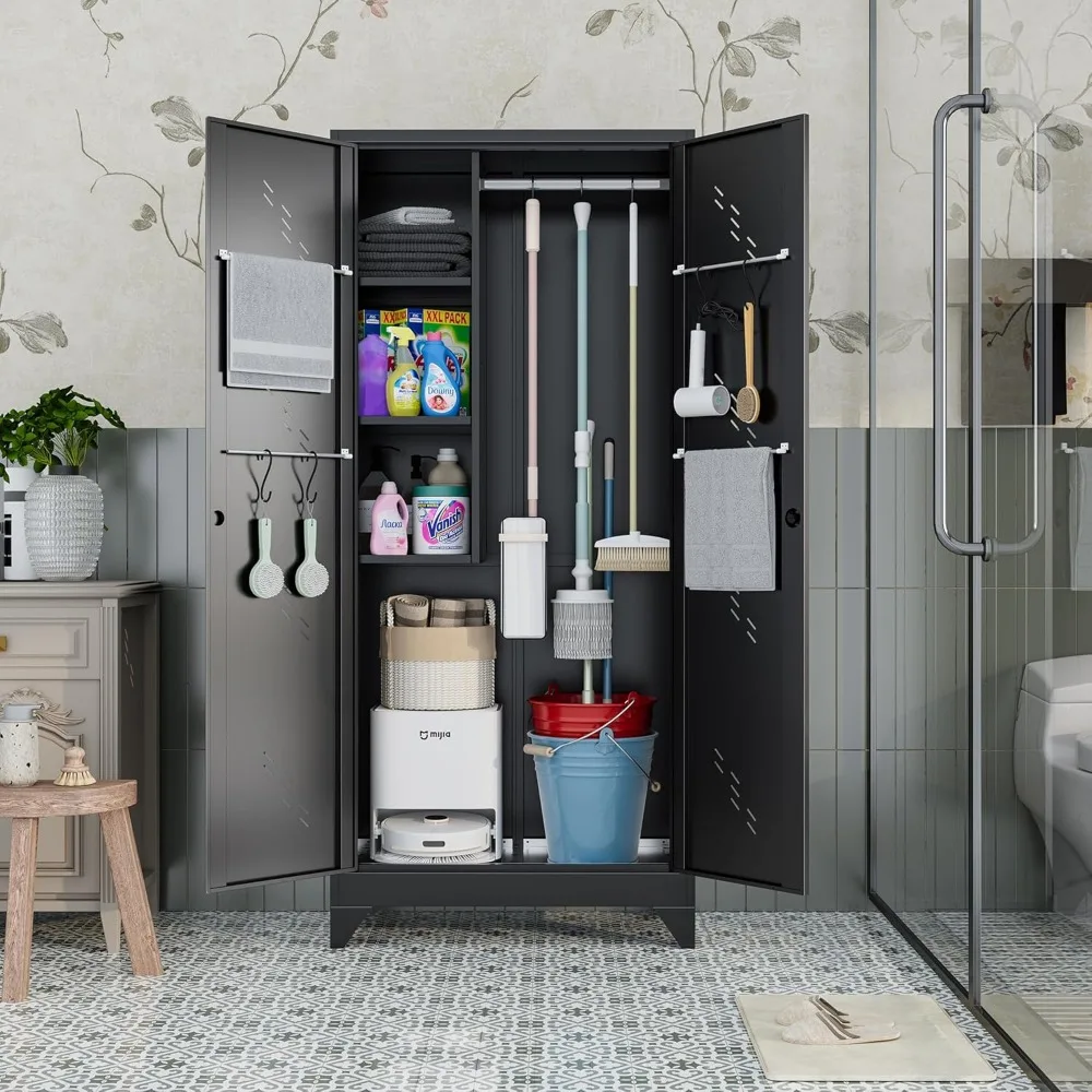 ตู้เก็บของโลหะ, ตู้เครื่องมือทำความสะอาดขนาด 75 นิ้วพร้อมประตูล็อค, ที่เก็บเครื่องมือโรงเก็บของสูง, ตู้ไม้กวาดขนาดใหญ่สำหรับ B