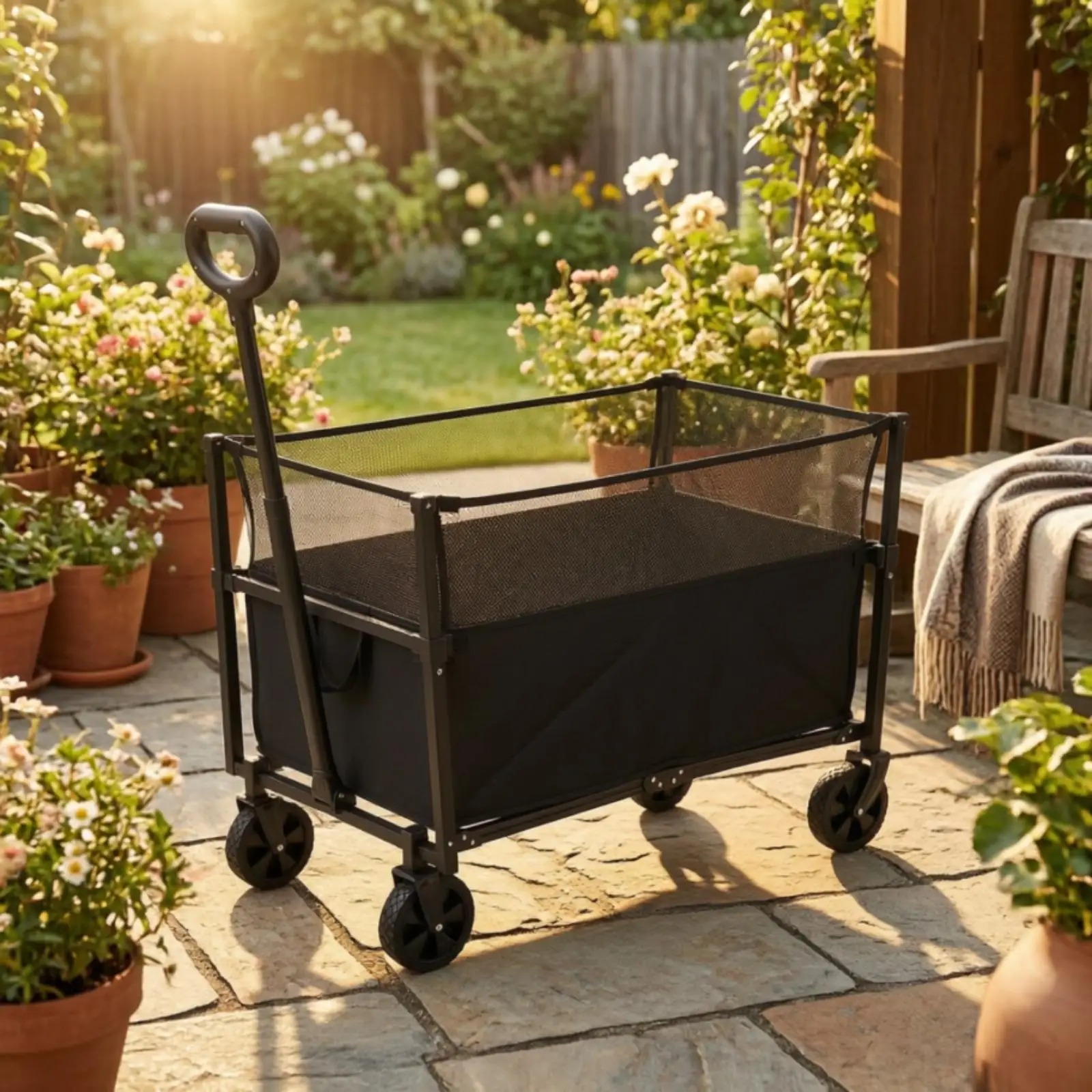 Portable Utility Wagon for Camping Travel with Quick Fold Frame and Large Capacity Open Compartment for Everyday Hauling