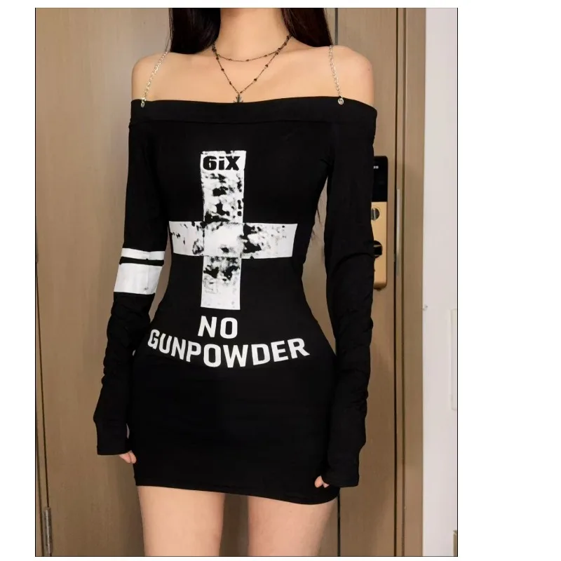 

Euramerican High Street Off-shoulder Slim Retro Punk Dress Harajuku Aesthetic Print Sexy Hip Wrap Skirt Women Y2K Hottie Dresses