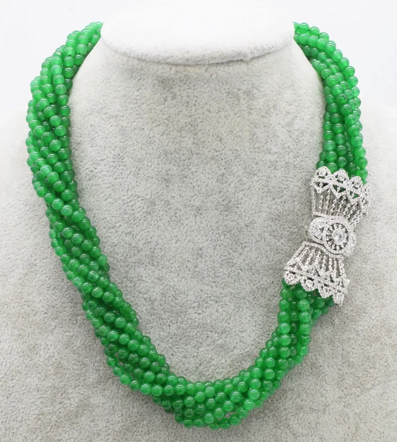 

8rows green jade round 4mm unique zircon clasp necklace nature wholesale beads 18inch