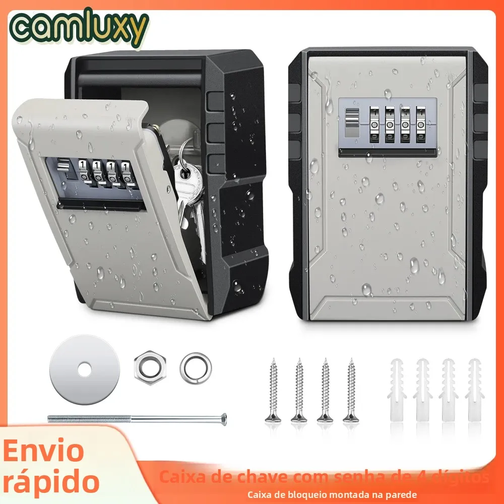 Camluxy caixa de bloqueio de chave montada na parede, caixa de segurança à prova de intempéries com senha de 4 dígitos, caixa de armazenamento de chave interna e externa antirroubo