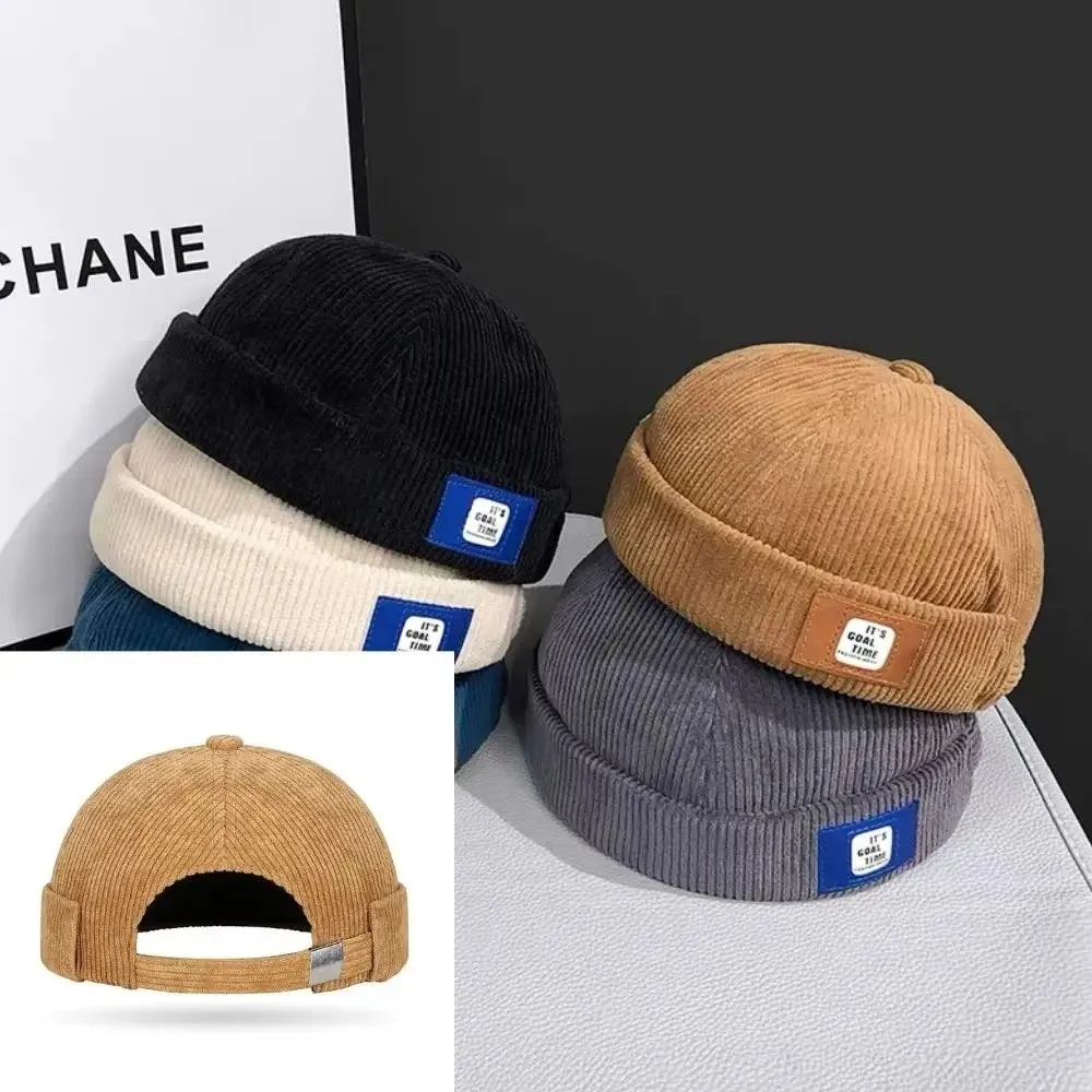 Outdoor Solid Color Corduroy Beanie Caps Adjustable Hip Hop Brimless Docker Cap Melon Cap Streetwear Vintage Dome Hat Men Women