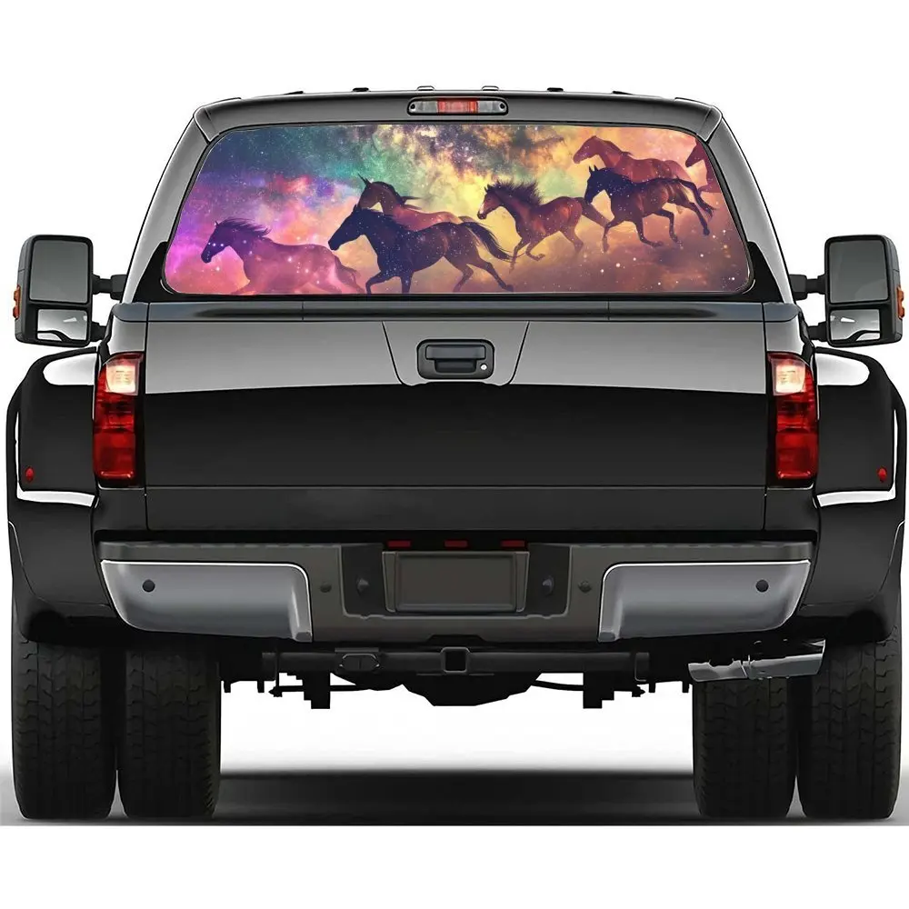 

Радужное звездное небо, бегущие лошади, наклейка на заднее лобовое стекло автомобиля, окно грузовика, прозрачная перфорированная виниловая наклейка на заднее окно, декор