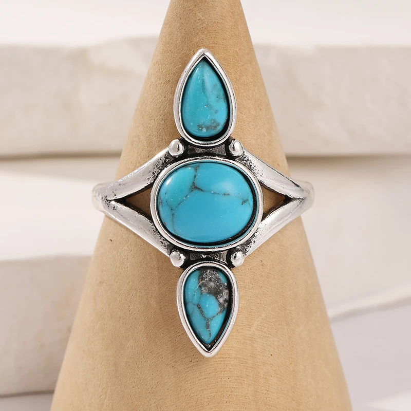 Ethnischer Ring mit eingelegtem Imitationstürkis für Damen, Vintage-Silberfarbe, geometrisch, für den täglichen Gebrauch, Partyschmuck, Jubiläumsgeschenk – Detail 3