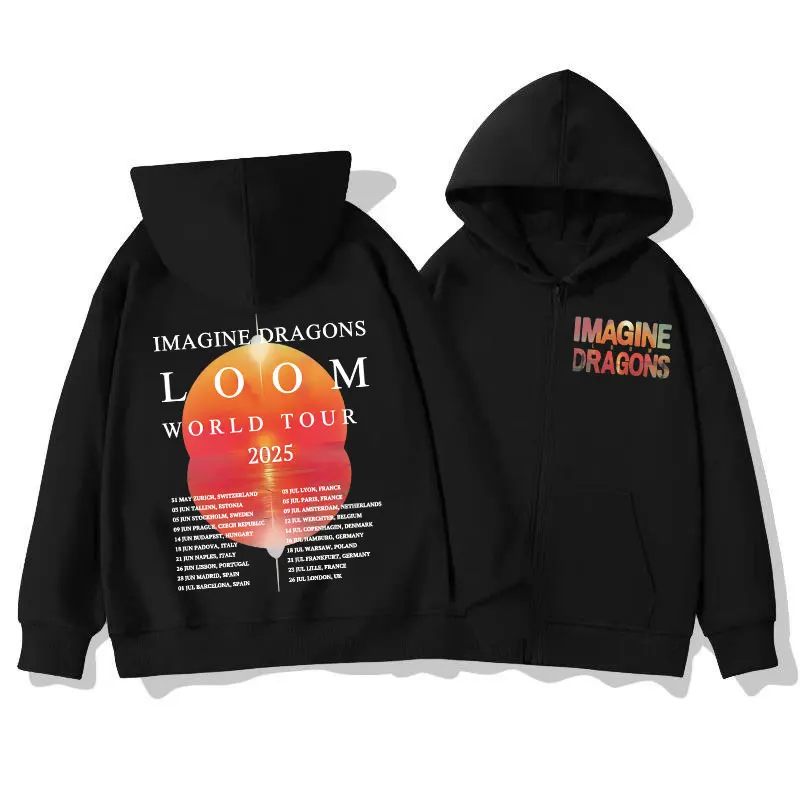 

Imagine Dragons Loom World Tour 2025 Zipper Hoodies Men's Women's Rock Hip Hop Zip Up Sweatshirts Fashion Casual Loose Pullovers