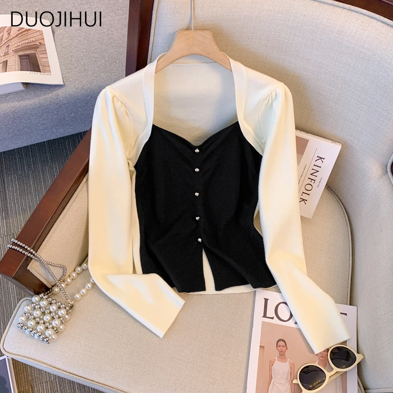

DUOJIHUI Элегантный шикарный французский свитер контрастных цветов, женский кардиган, новый модный простой офисный Женский вязаный кардиган на пуговицах