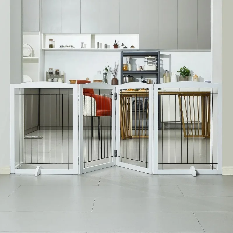 

Dog Gate Freestanding, Foldable Dog Fence for House Extra Wide Wooden White Indoor Puppy Gate Stairs Doorways Pet Gate