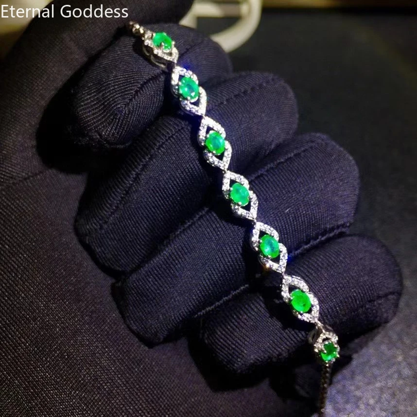 

S925 Sterling Silver Natural Emerald Girl New Fashion Bracelet Support Test Ladies Bracelet Wedding Gift