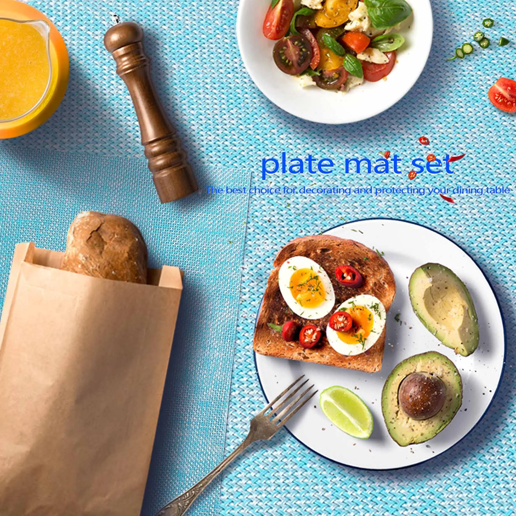 مجموعة مفارش طاولة زرقاء مكونة من 6 قطع غير قابلة للانزلاق وسهلة التنظيف وقابلة للمسح منسوجة من الفينيل وقابلة للغسل