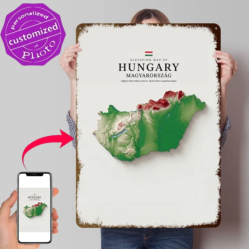 Elevation Map of Hungary Poster Retro 3D Printed Metal Signs Customized Wall Hanging Gift for Interior Decoration Living Room