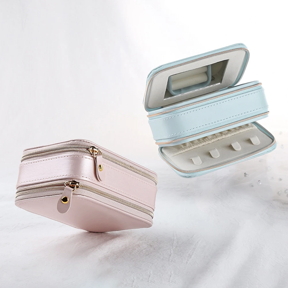 Portable Zippered Jewelry Box PU Multifunction Jewelry Case with Built-in Mirror for Women Girls (Light Blue)