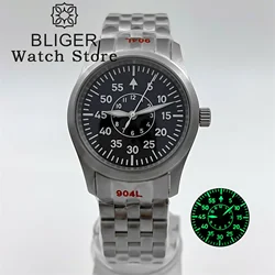 BLIGER 36mm 39mm Diver Brushed Pilot Watch For Men NH35 Movet Dome Sapphire Glass Super Green Luminous Stainless Steel Bracelet