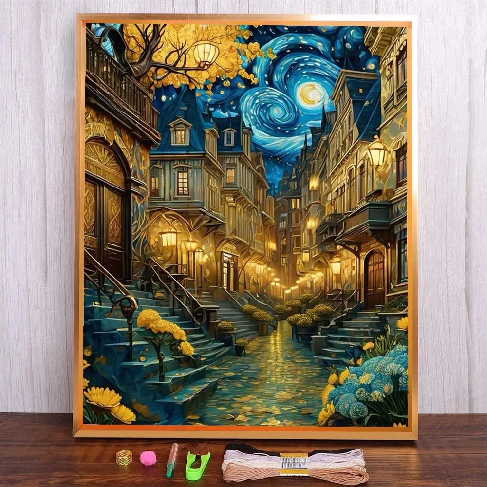 

Embroidery Starter Kit With Abstract Starry Sky Town Pattern Cross Stitch Set Landscape Stamped Embroidery Kits Home Decoration