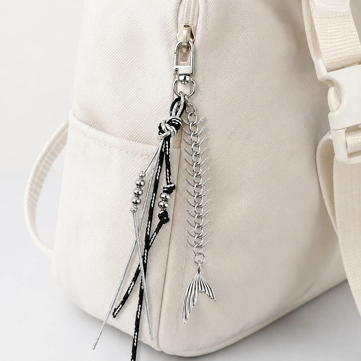 Cyberpunk fishbone fish tail silver black woven rope bead pendant y2k bag mobile phone pendant keychain