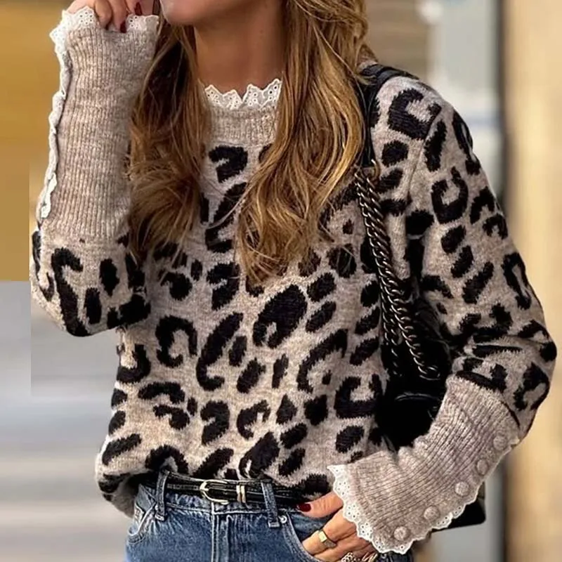 2025 Elegante Leopardenmuster High Street Pullover Tops Damenmode Oansatz Gestrickte Bluse Casual Langarm Pullover Pullover