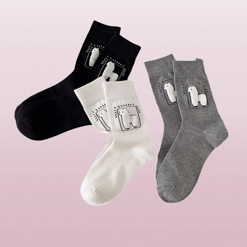 

3/6 Pairs High Quality Middle Tube Socks Cute Cartoon Black And White Gray Alpaca Ladies Socks Versatile College Style Socks