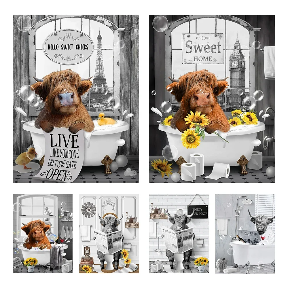 Famous Buildings Background Funny Cow Bathroom Canvas Prints Cute Sunflower Highland Cow In Bathtub Prints Wall Art Posters