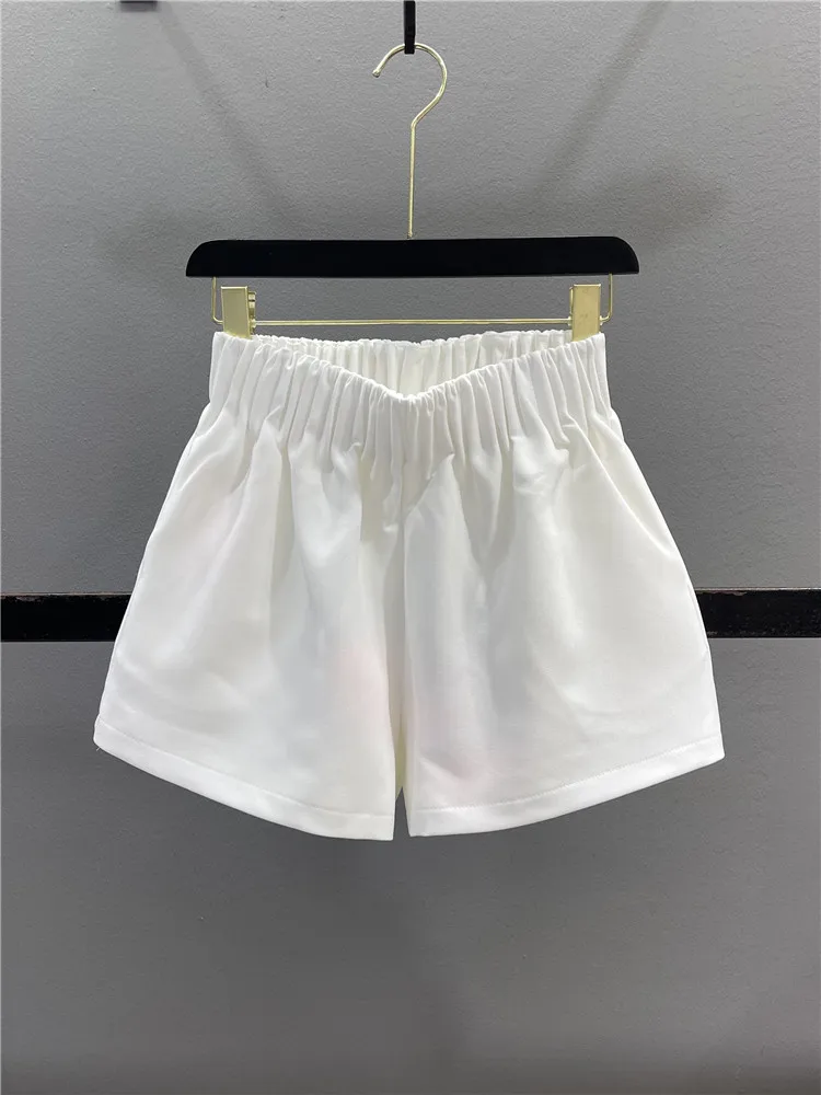 

White Elastic High Waist Flower Bud Short Pants Women's Summer Slimming Hot Pants A-Line Wide Leg Casual Cotton Blend