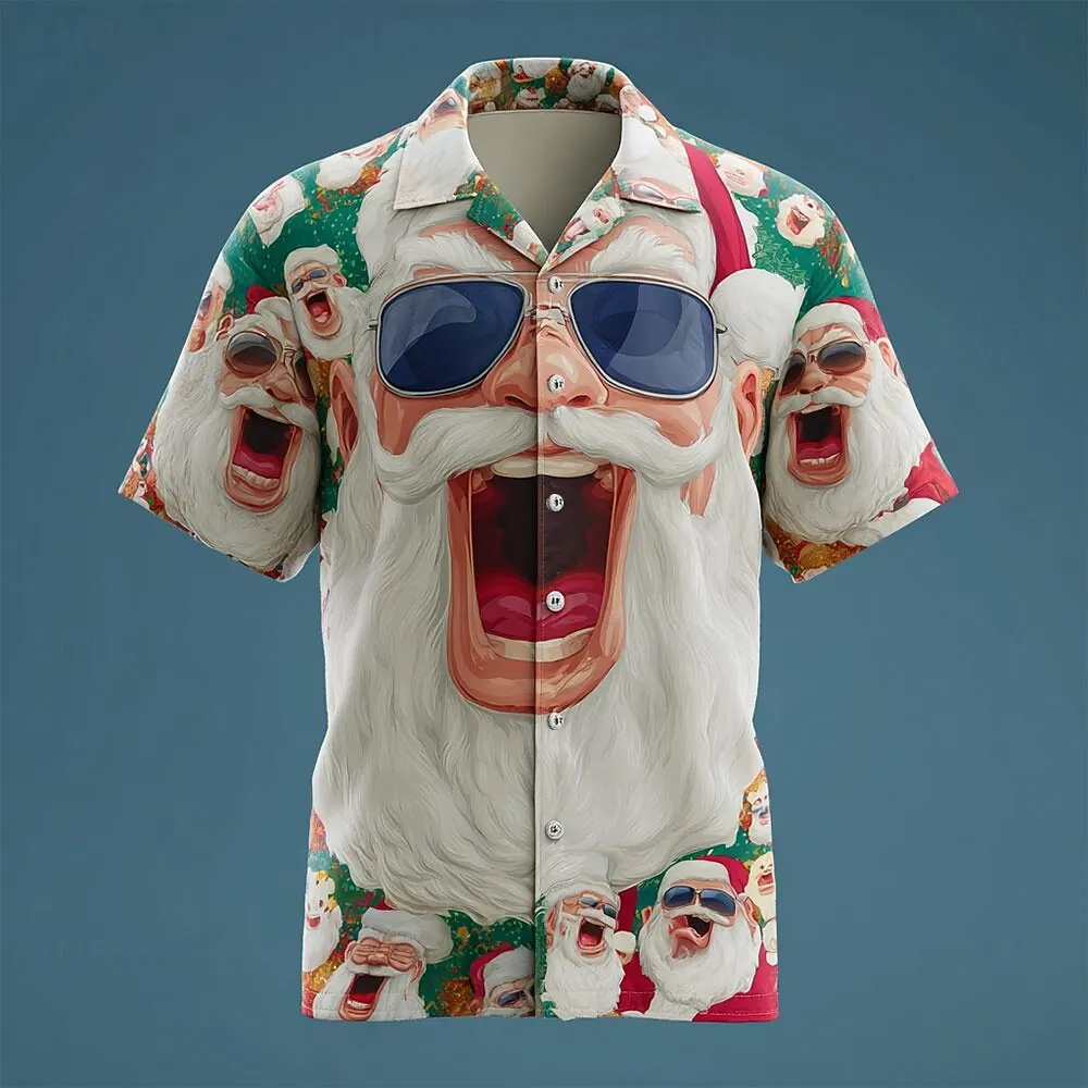 

Men's Funny Expression Santa Clause Graphic Shirt Abstract Christmas Theme Casual Short Sleeve Shirts Loose Breathable Lapel Top