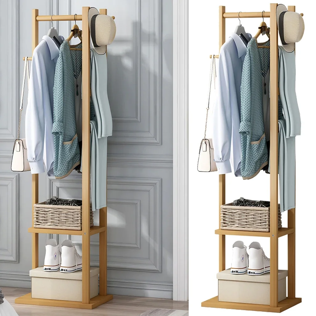 

Bamboo Garment Coat Clothes Stand Rack Hat Shoe Wooden Hanger Holder Shelf Tidy Garment Hanging Rail Hooks