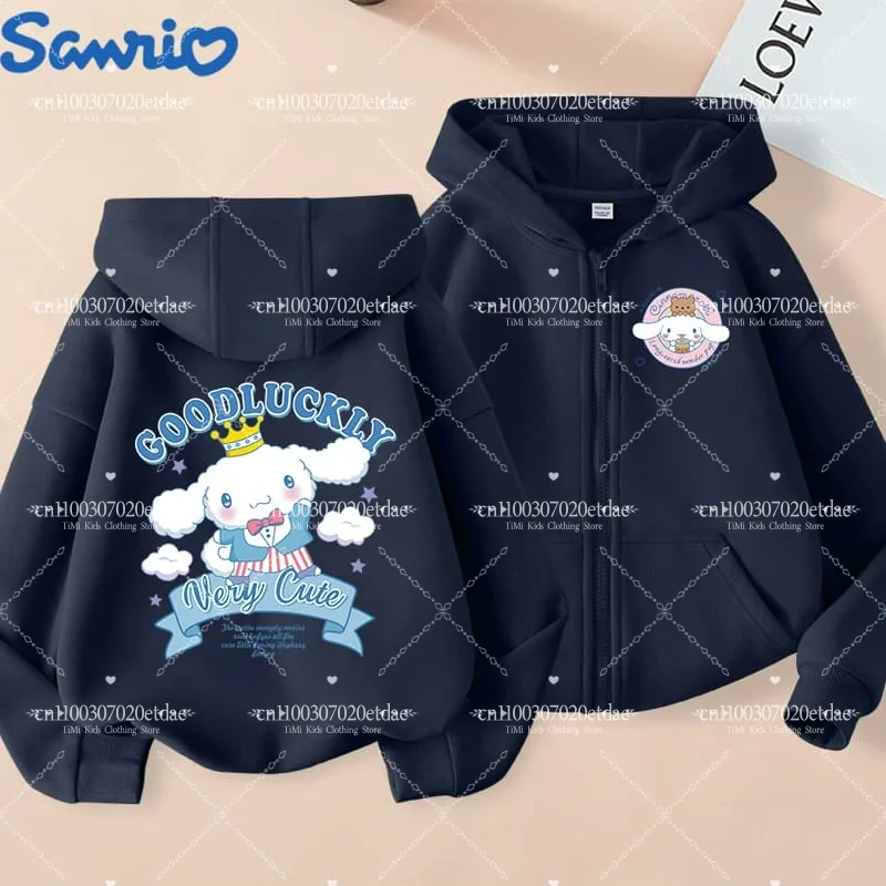 Sudadera con capucha de Cinnamoroll, ropa Kawaii para niños, moda urbana para niños, Sudadera con capucha con cremallera de dibujos animados divertidos, traje informal para niñas