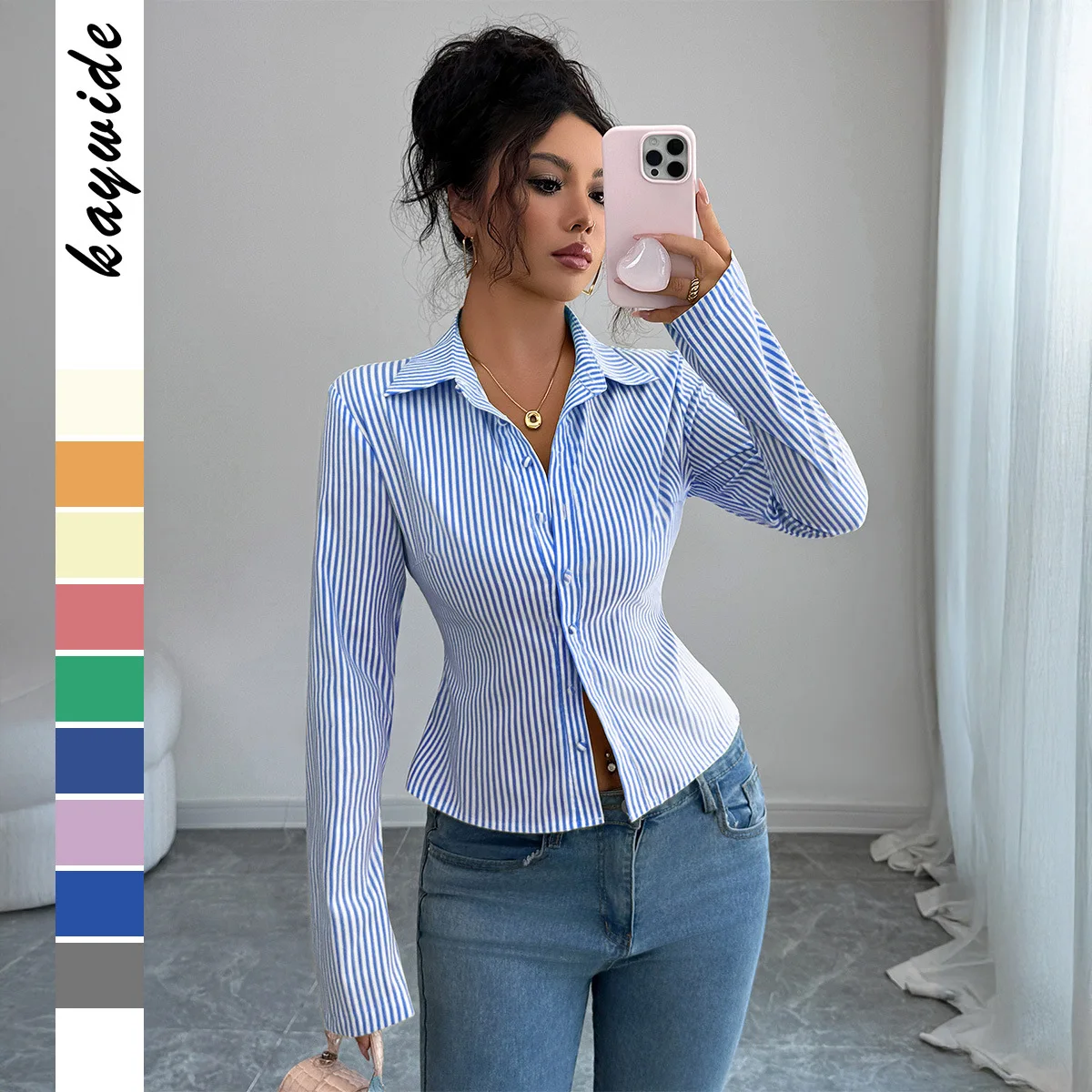 

Casual Simple Striped Long-sleeve Button-up Shirt Women's Clothing 2026 Fall/winter Party Robe Vestidos Bandage