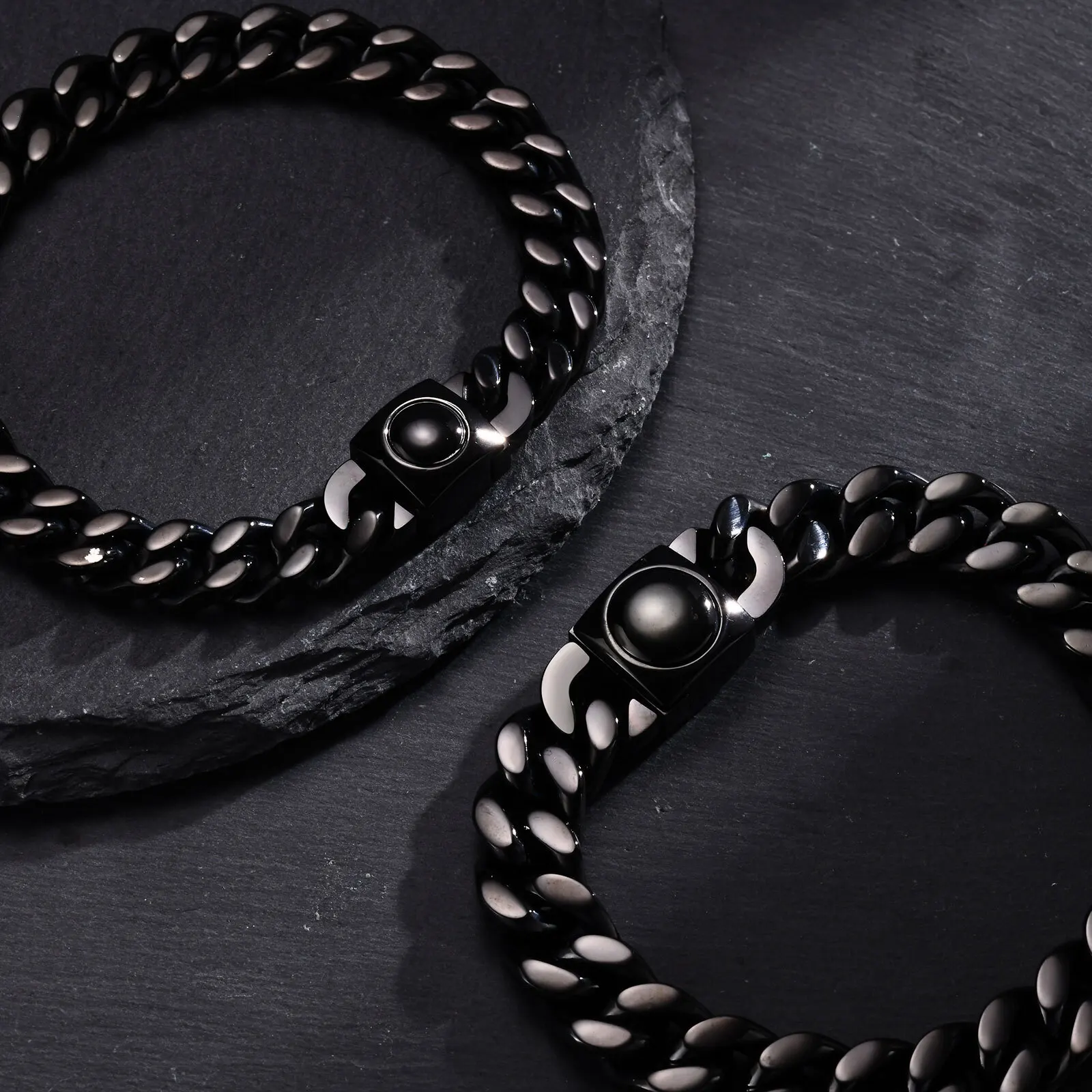 

New Simple Button Cuban Bracelets for Men Boys,Chunky Black Color Stainless Steel Chain Link Wristband,Trendy Jewelry