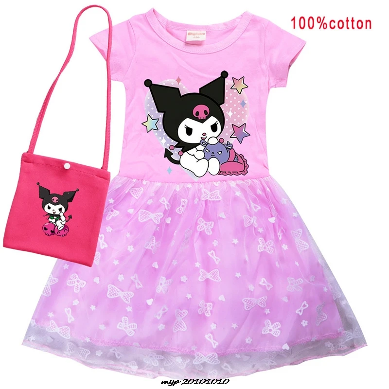 Hot Lovely Kuromi Melody Children Costume Kids Cosplay Clothes For Girls Flying Sleeves A-Line Dress With Bag