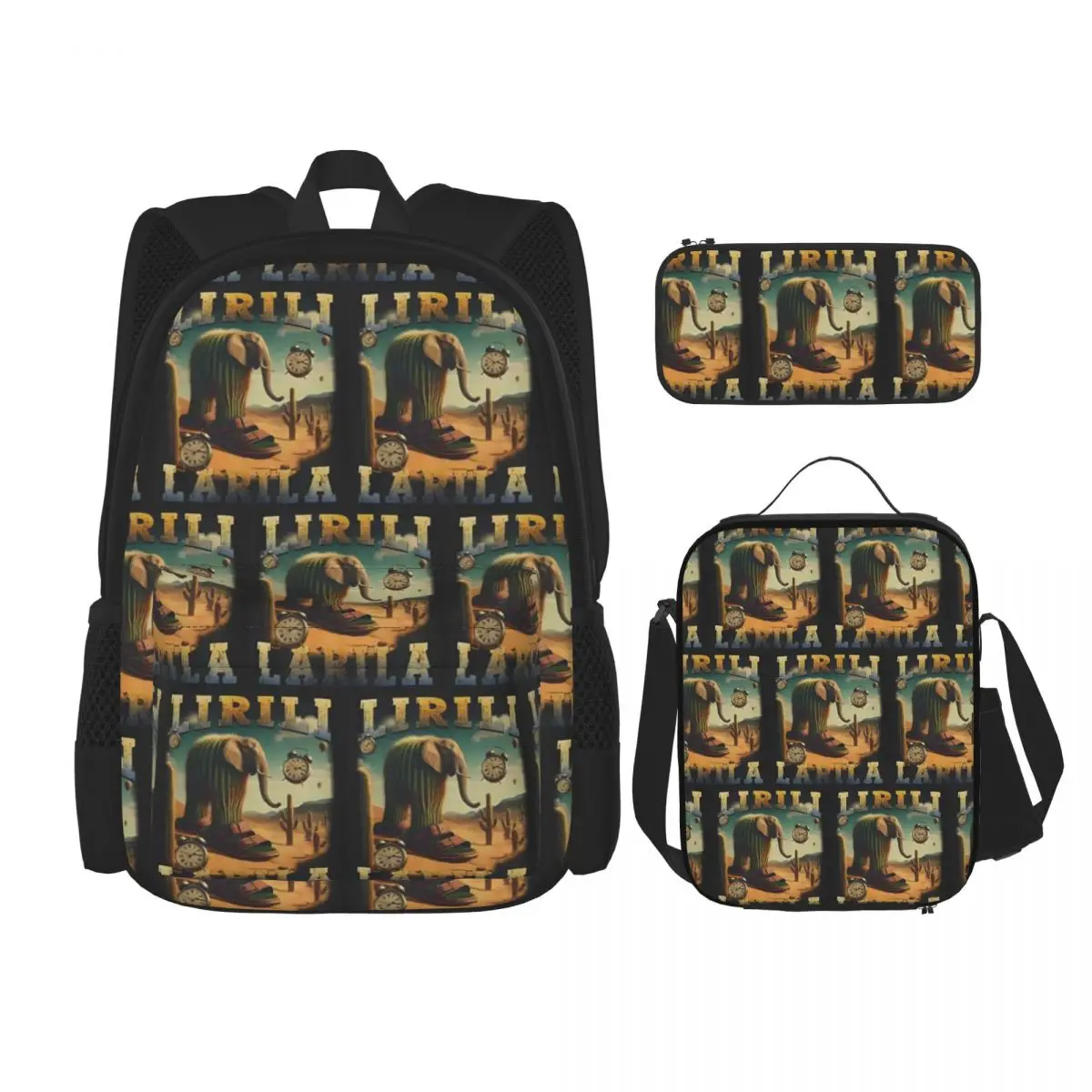 Lirili Larila Funny Italian Brainrot Meme Backpacks Students Bookbag School Bags Rucksack Lunch Bag Pen Bag Three-Piece Set