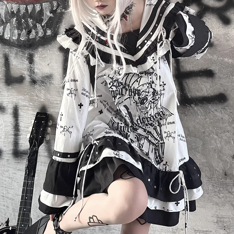 Japanese Jk Sailor Suit Dress Dark Girl Subculture Cartoon Print Ruffle Edge Navy Collar Long Sleeve Dress Goth Y2K Punk Dresses