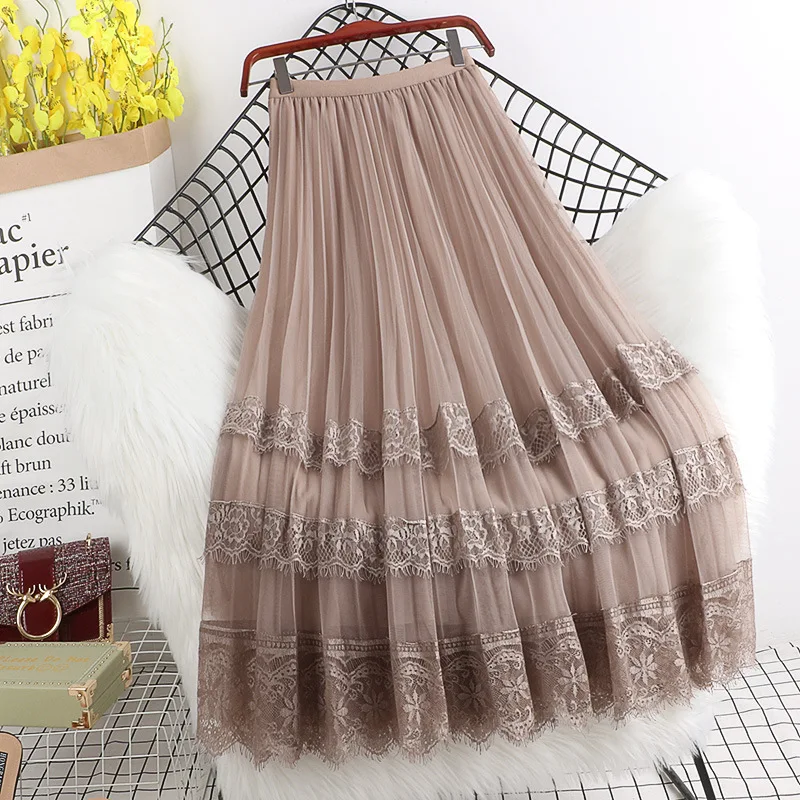 Fashion High Waist Tulle Midi Skirts Woman Lining Mesh Lace Patchwork Kawaii Harajuku Dance Bridesmaids Skirt Women