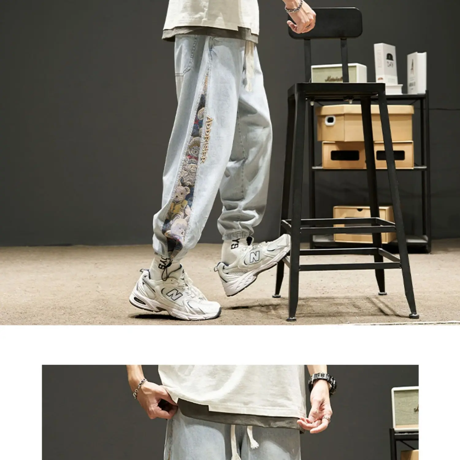 Summer Embroidered Jeans Men Trousers Loose Trendy Brand Thin Tilt Pants Cropped Casual High Elastic Drawstring Waist Sports 023