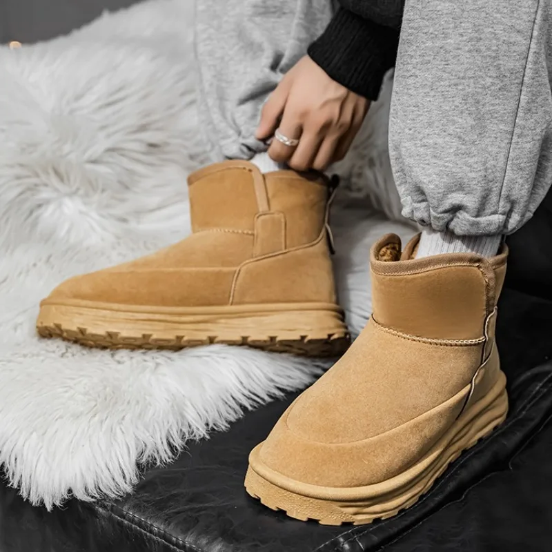 

Зимние мужские однотонные флисовые теплые и противоскользящие профессиональные уличные зимние ботинки большого размера с плоской подошвой до середины икры