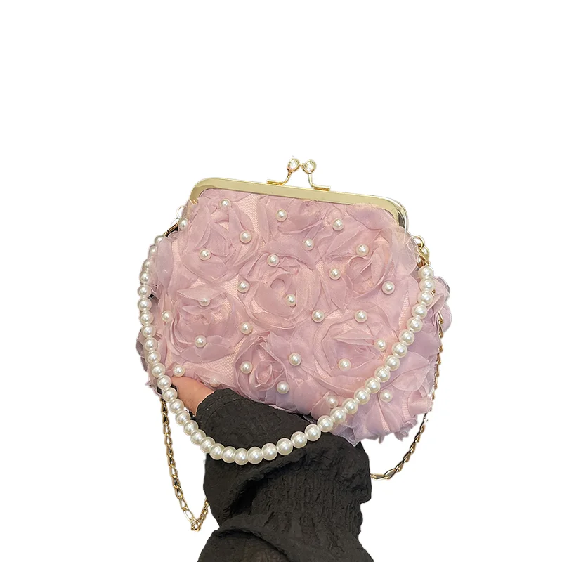 

Internet celebrity 3D flower pearl handbag 2025 new fairy style cheongsam bag versatile crossbody bag dinner bag