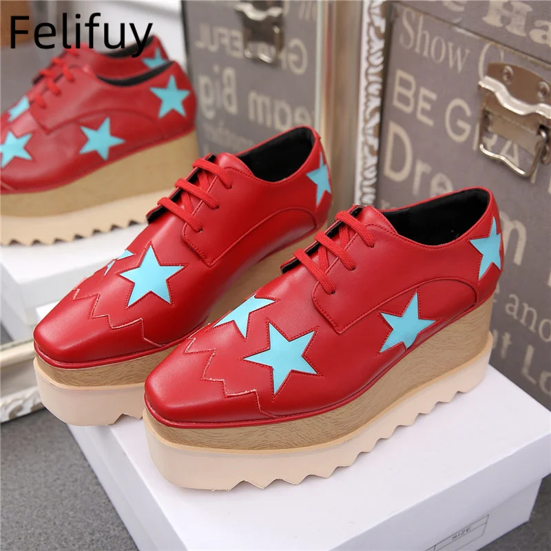 Real Leather Stars Fashion Women Sneakers Thick Bottoms Waterproof Wedges Lady Loafers Square Toe Increased Platform Casual Shoe